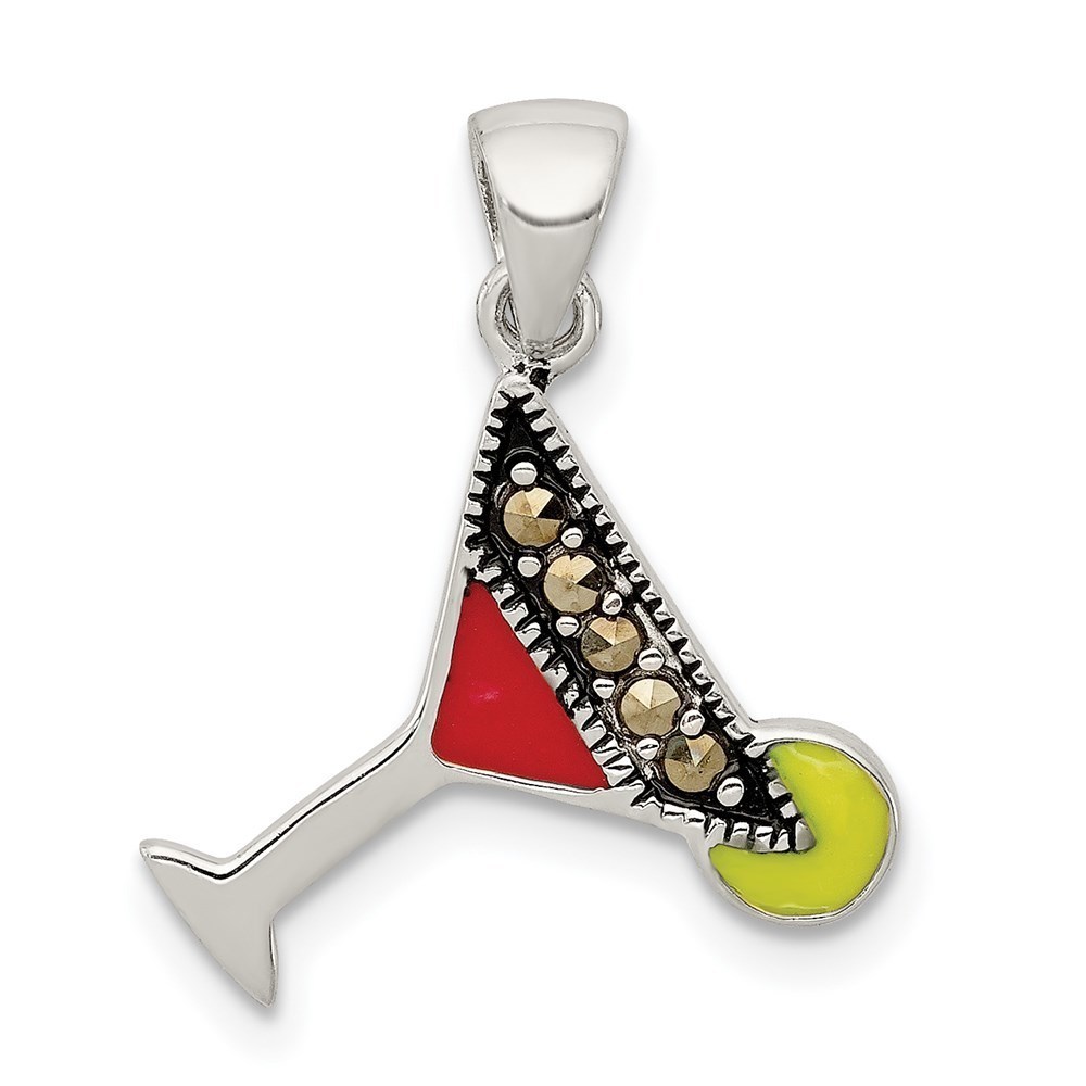 925 Sterling Silver Hematite-plated Marcasite Red & Green Enameled Martini Charm